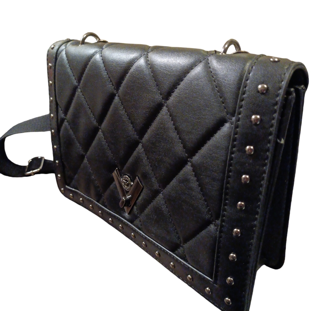 Valentino Orlandi black quilted silver studded crossbody leather purse.